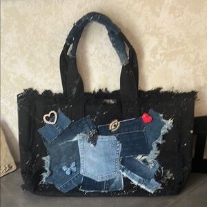 Darrah Ashley Stylish Denim Patchwork Tote Bag with pins